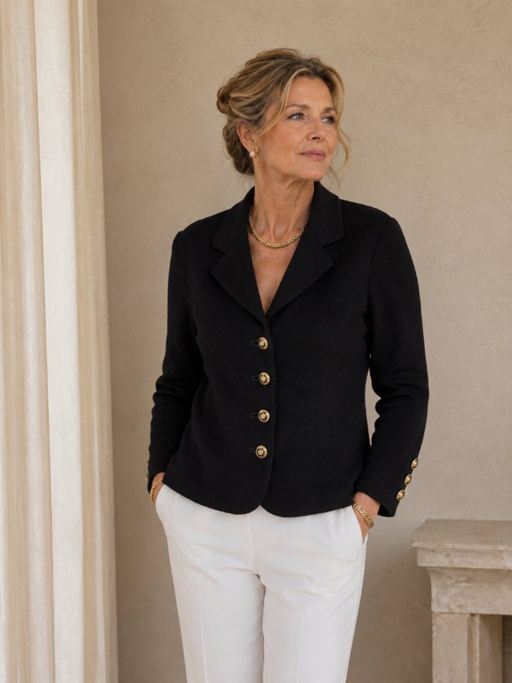 ST.JOHN Santana Knit Blazer Black Gold Crest Buttons Old Money Career Chic Sz 10
